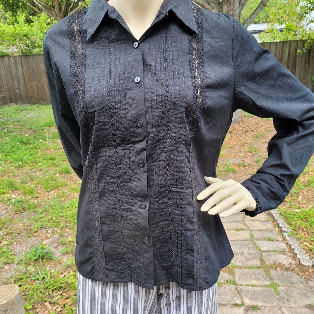 [EUC]Apostrophe Stretch Black Long-Sleeve Button-Down Dress Shirt w/ Lace Panels